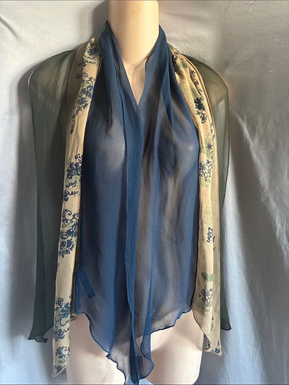 Zazou Luxe Sheer Blue and Cream Floral Three layers Lightweight  Silk Scarf Wrap